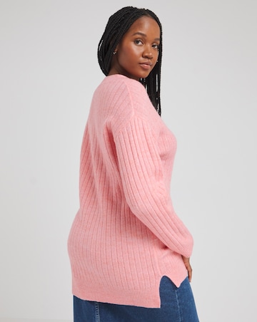 Pink Slouchy V Neck Ribbed Longline Jumper