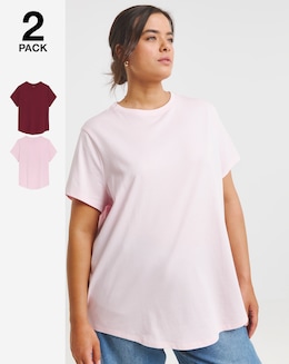 Pink &amp; Burgundy 2 Pack Curved Hem Longline Pure Cotton T-Shirts