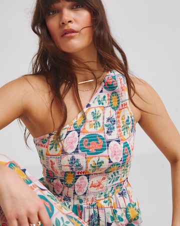 Native Youth One Shoulder Shirred Postcard Midaxi Pocket Dress