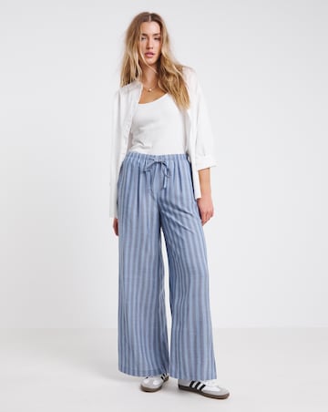 Simply Be Blue Stripe Tie Waist Linen Look Wide Leg Trouser