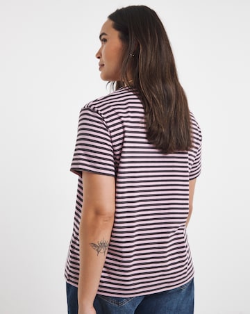 Simply Be Chocolate & Pink Stripe Flower Bead Pocket Detail T-Shirt