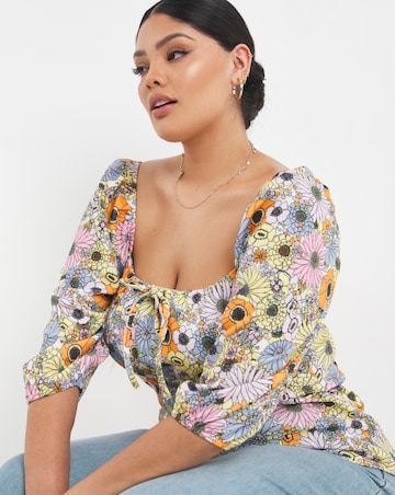 Square Neck Balloon Sleeve Floral Top