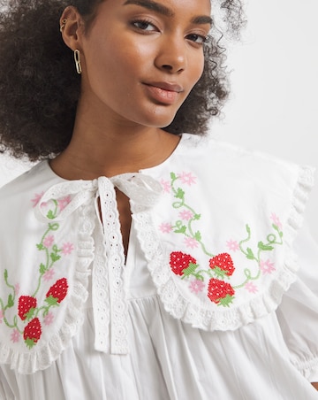 Neon Rose White Cotton Poplin Smock Dress with Strawberry Embroidery Collar