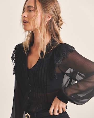 Simply Be Black Sheer Button Through Tuxedo Detail Blouse