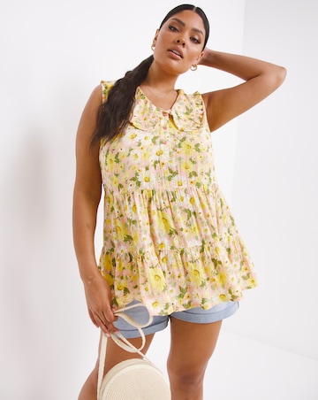 Peach Floral Sleeveless Tiered Collar Crinkle Top