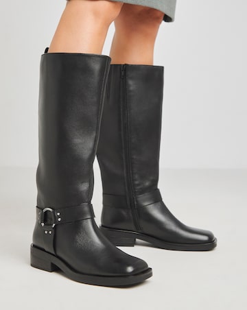 Dewey Leather Harness Detail Western Biker Boots Extra Wide EEE Fit Curvy Calf