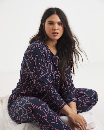 Pretty Secrets Soft Knit Crew Neck Heart Print Pyjama Set Navy