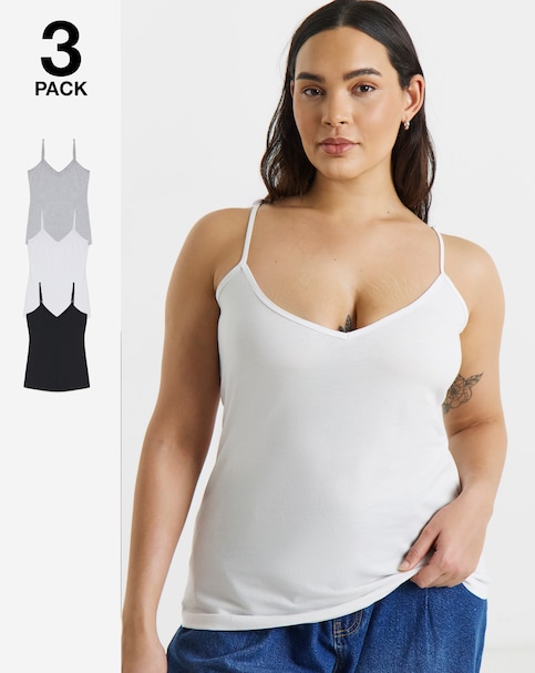 Black, White & Grey 3 Pack V Neck Pure Cotton Longline Camis
