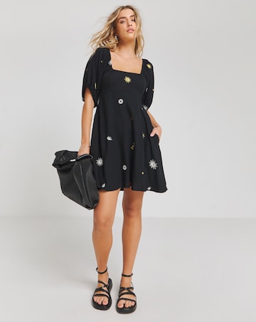 Black Embroidered Celestial Skater Dress