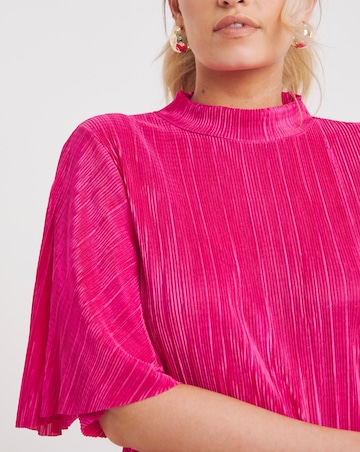 Pink Plisse Midi Dress With Angel Sleeves