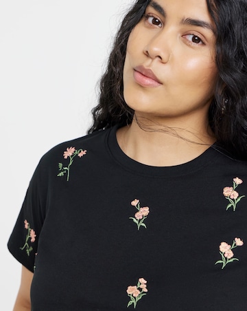 Simply Be Black & Pink Embroidered Ditsy Flower T-Shirt