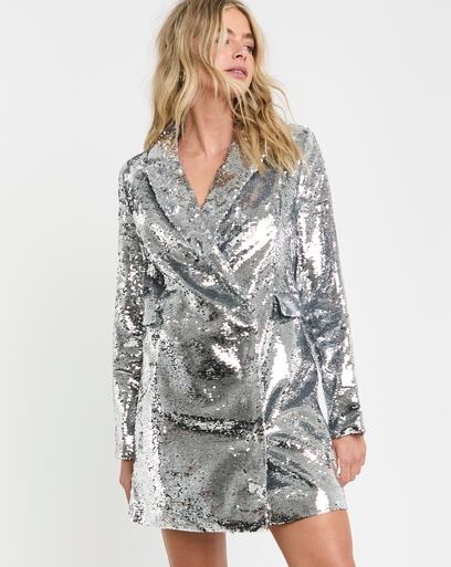silver glitter blazer dress KAREN MILLEN Sequin Blazer Woven Mini Dress
