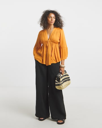 Simply Be Ochre Crinkle Crochet Trim Tie Waist Blouse