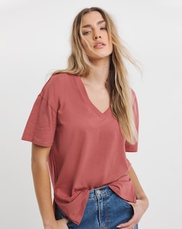 Rose Oversized Slouchy V Neck Pure Cotton T-Shirt