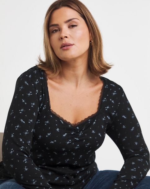 Black Ditsy Floral  Square Neck Rib Top