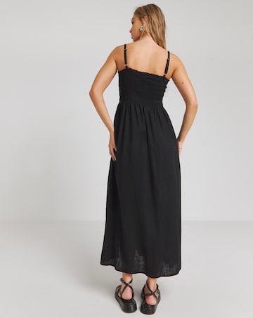 Black Shirred Bandeau Linen Midi Dress