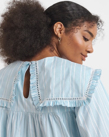 Neon Rose Printed Cotton Seersucker Stripe Smock Dress with Smocking and Collar