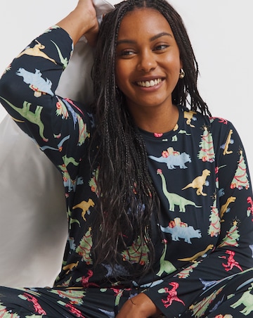 Chelsea Peers Jersey Crew Neck Christmas Dinosaur Print Pyjama Set