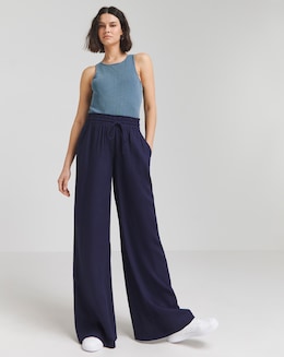 Navy Tie Waist Linen Wide Leg Trouser