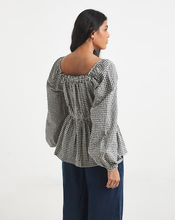 Seersucker Gingham Square Neck Blouse