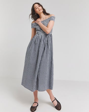 Nobody's Child Navy Gingham Check Bardot Amanda Midaxi Dress
