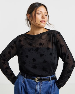 Black Floral &amp; Dobby Mesh Slash Neck Top