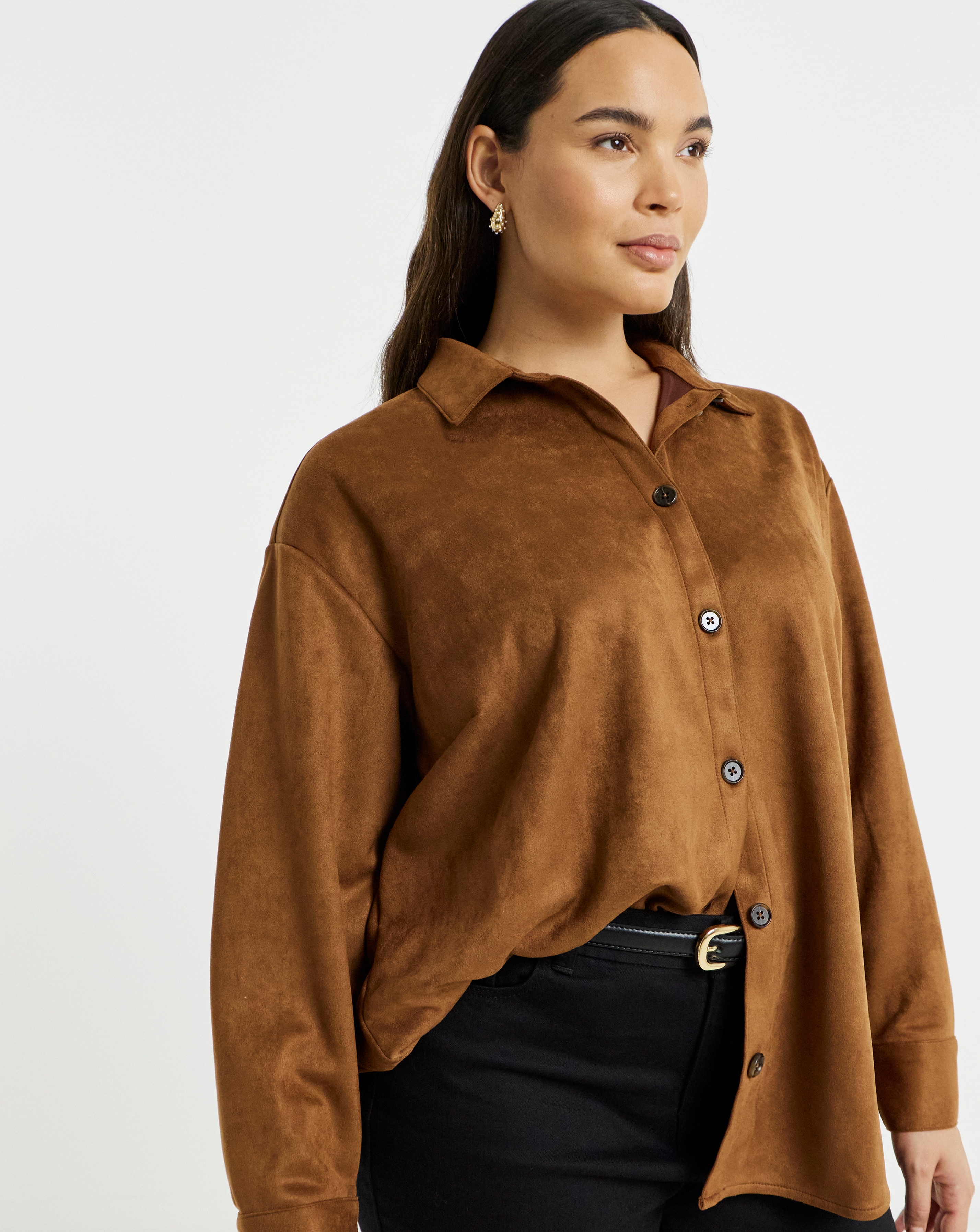 real suede over sized shirt ブラウン Simply Be Tan Suede Oversized Shirt | Simply Be