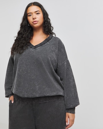 Acid Wash Grey Deep V Neck Sweatshirt