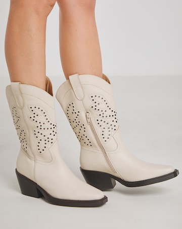 Daytona Punch Detail Leather Western Boots Extra Wide EEE Fit Super Curvy Calf