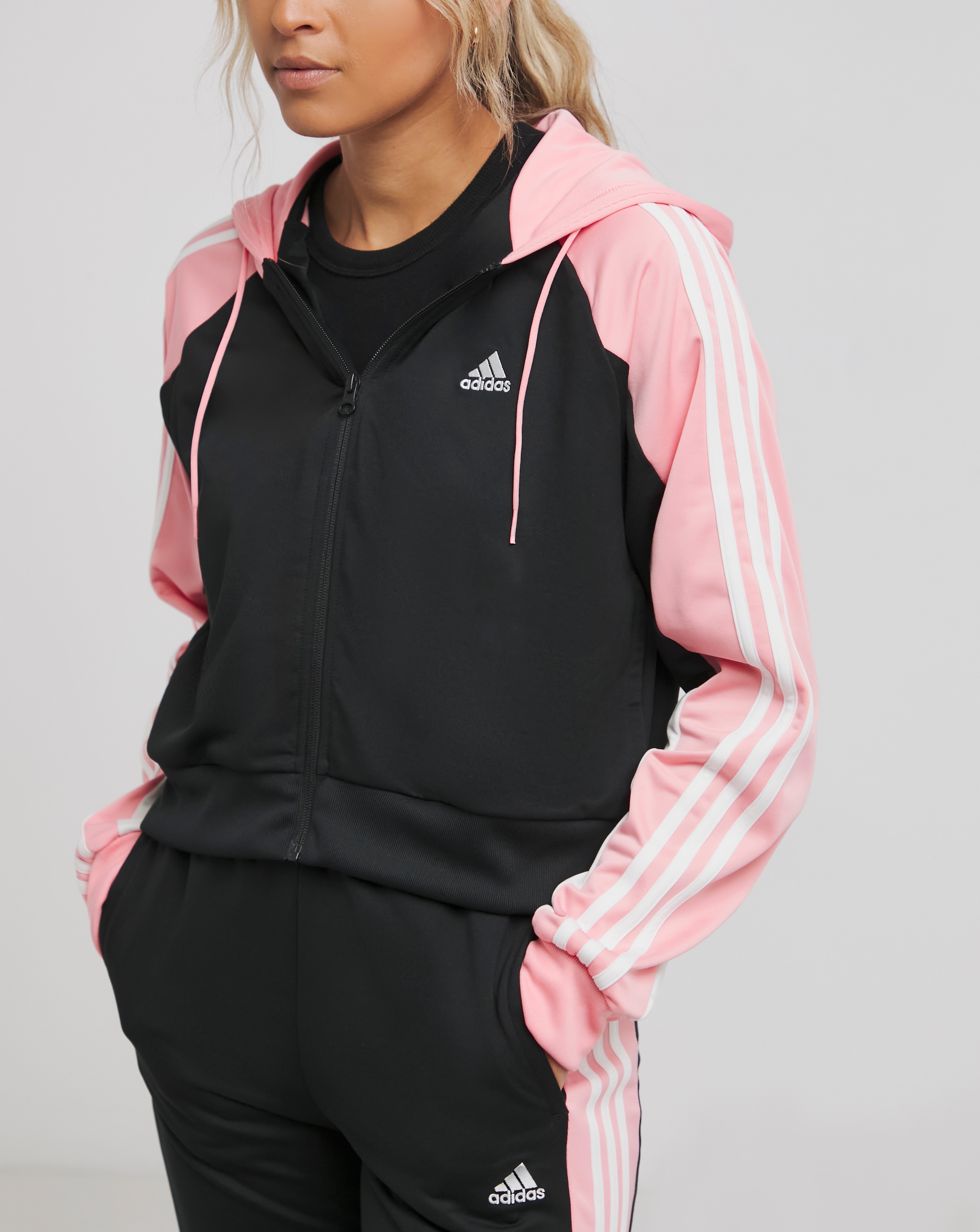 Pink and gray adidas tracksuit sale