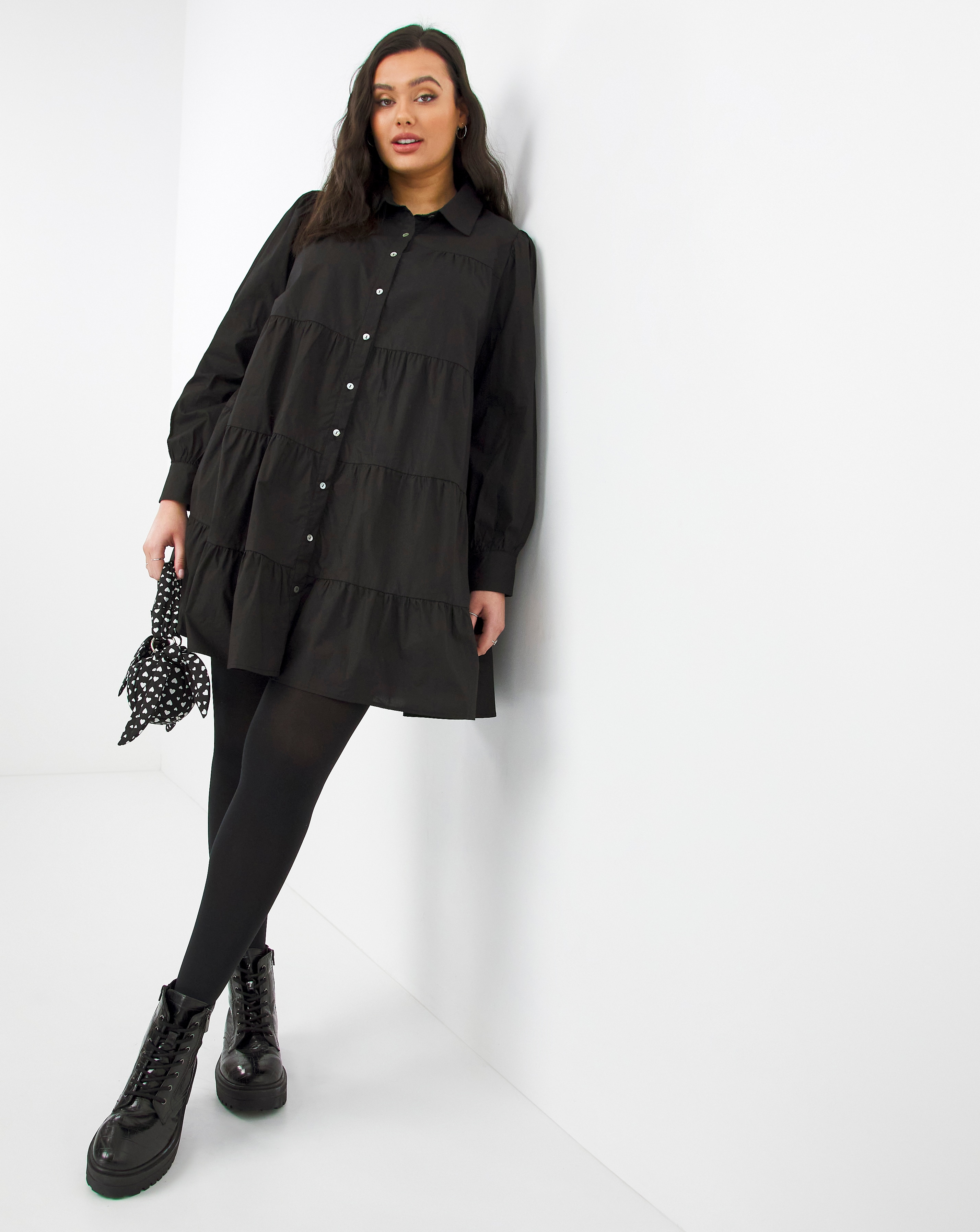 Black Cotton Tiered Long Sleeve Shirt Smock Dress Simply Be