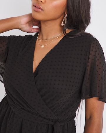 Black Short Sleeve Wrap Dobby Skater Dress