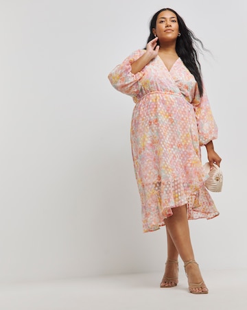Printed Jacquard Frill Detail Midi Dress