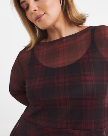 Red & Burgundy Check Print Peplum Mesh Top