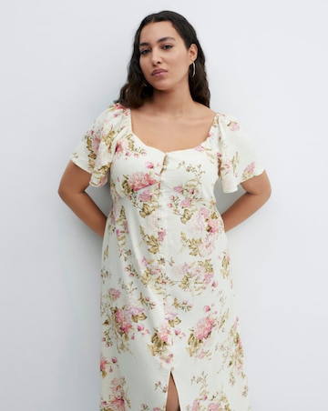 Mango Buttoned Floral Print Linen Blend Midi Dress