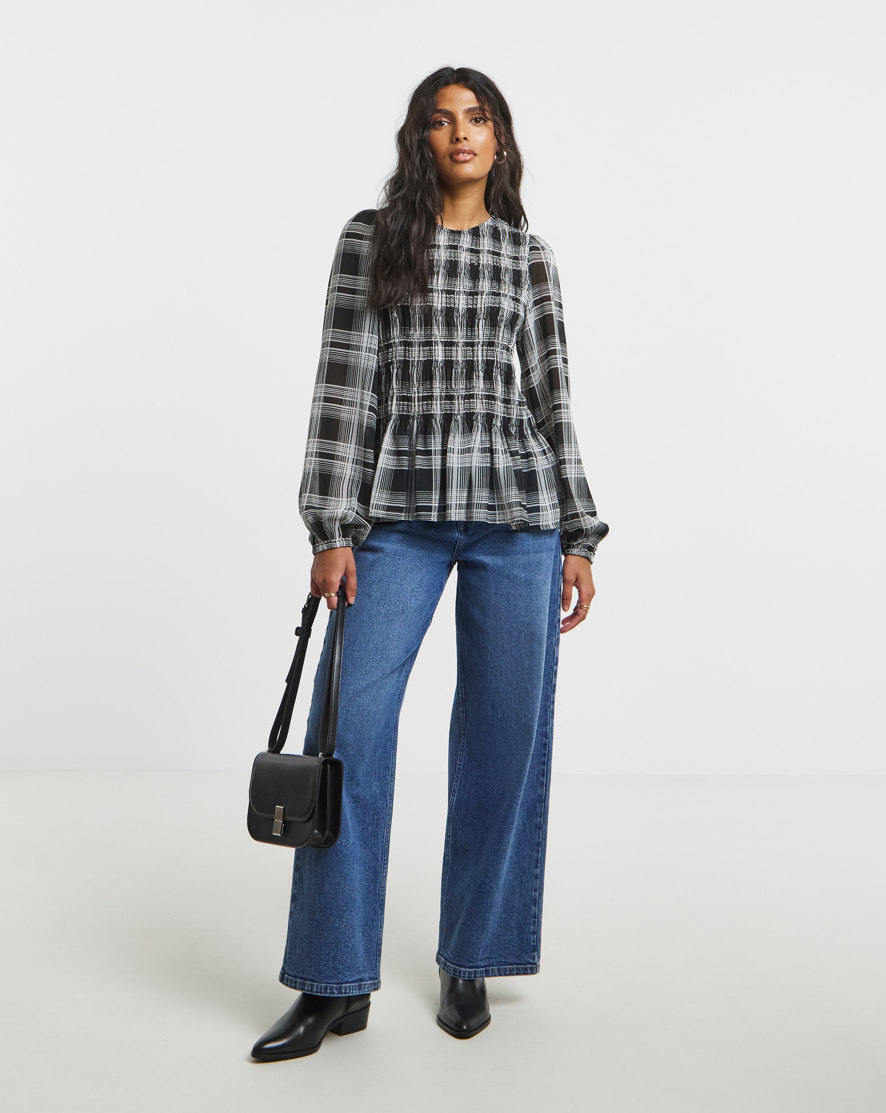 Mono Check Shirred Georgette Blouse | Simply Be