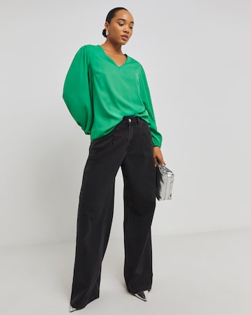 Green Long Sleeve Longline V Neck Boxy Top