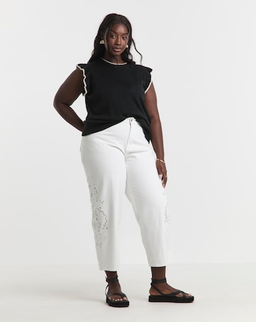 Simply Be White Broderie Detail Barrel Leg Jeans