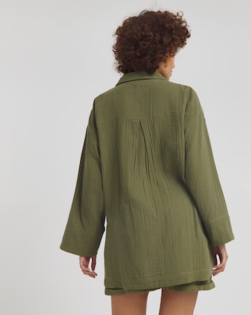 Khaki Cheesecloth Double Pocket Long Sleeve Shirt
