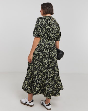 Ditsy Print Textured Puff Sleeve Midi Dress