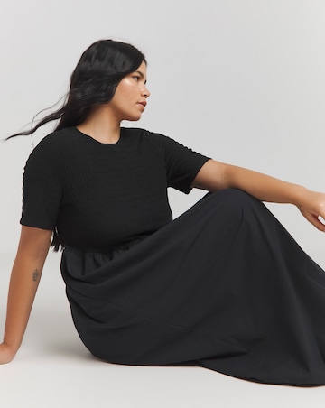 Black Jersey Poplin Mix Puffball Midi Dress