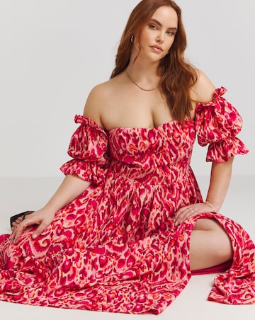 Lovedrobe Ikat Print Shirred Back Bardot Maxi Dress