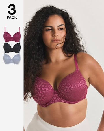 Pretty Secrets (3 Pack) Animal Lace T-Shirt Wired Bras (B-F) Black/Grey/Pink