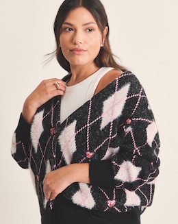 Sequin Heart Fluffy Argyle Boyfriend Cardigan