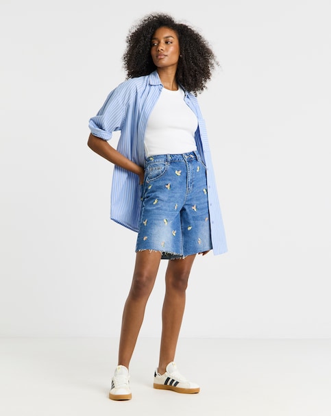 Simply Be Mid Blue Fruit Embroidered Denim Bermuda Short