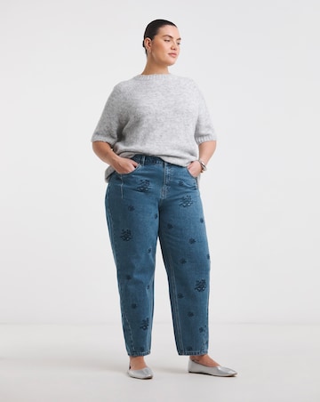 Simply Be Womens Embroidered Barrel Leg Jeans- Mid Wash
