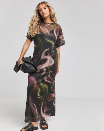 Multi Blurred Printed Mesh T-Shirt Dress
