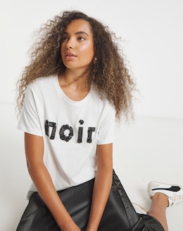 White Noir Beaded Floral Graphic T-Shirt