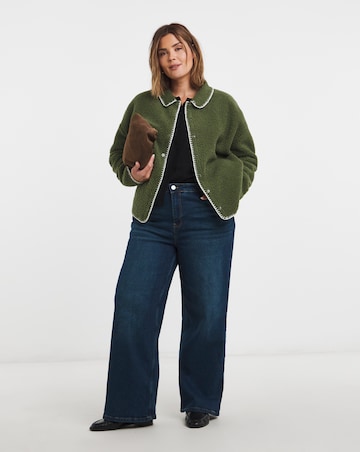 Khaki & Cream Whipstitch Borg Button Through