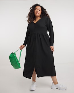 Black Waffle Button Up Midi Dress With Pockets